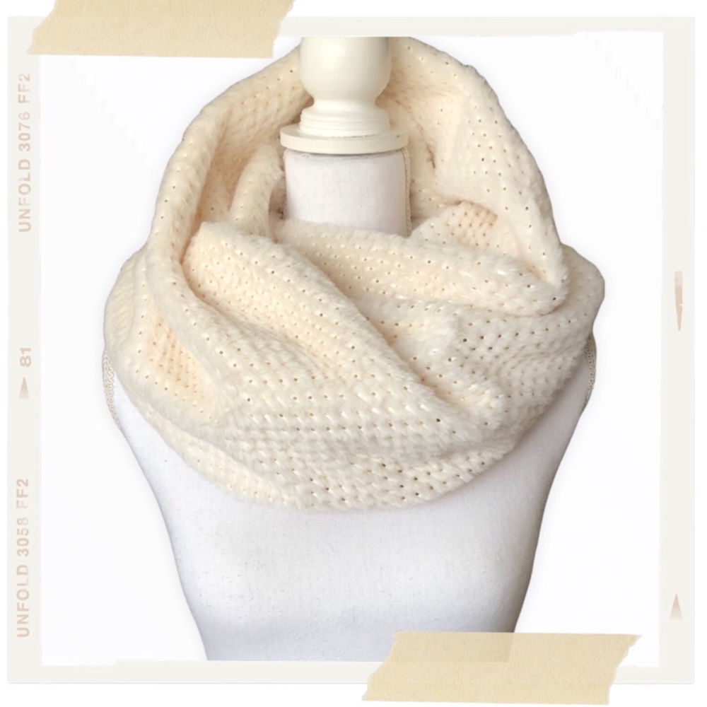 Cream Plush Soft Faux Fur Infinity Scarf with Gold Foil Embellishments